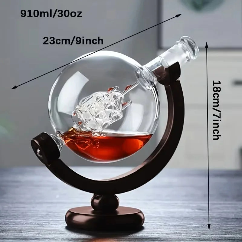 Globe Shaped Whiskey Decanter Borosilicate Glass with Wood Base Unique Wine Aerator Bottle Gift for Home Bar Decor