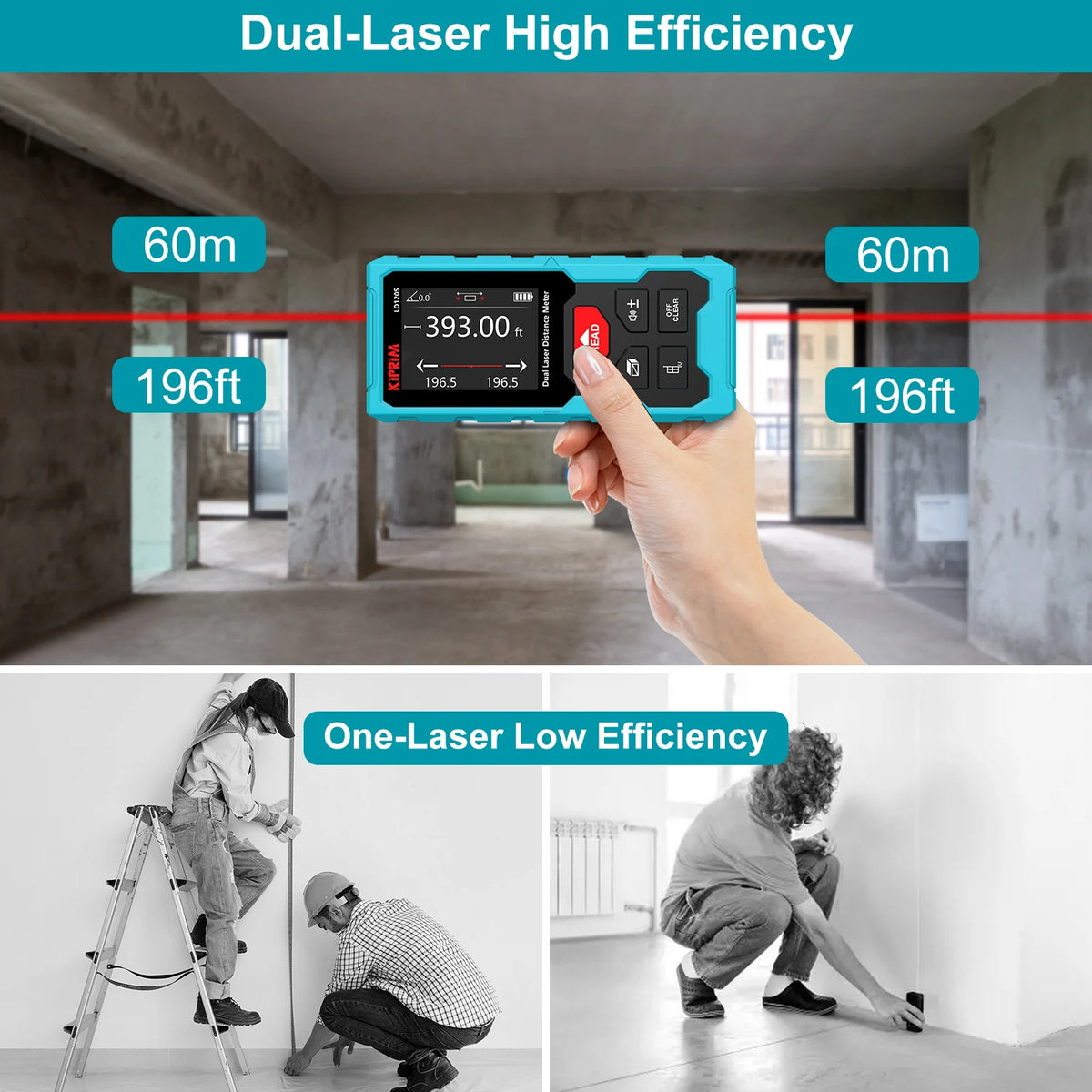 Dual Laser Distance Meter Rechargeable Bilateral Laser Rangefinder 120M Digital Tape Measure Angle Measurment Tool