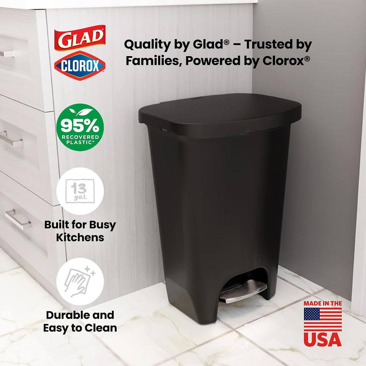 Premium Trash Can with Clorox Odor Protection, 13 Gallon, Black