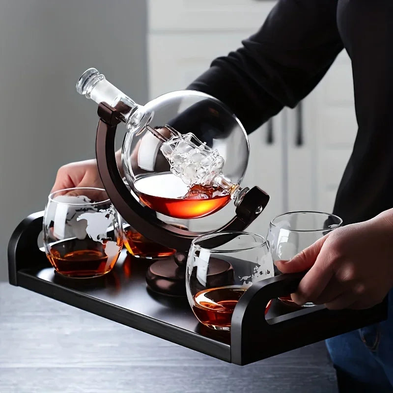 Globe Shaped Whiskey Decanter Borosilicate Glass with Wood Base Unique Wine Aerator Bottle Gift for Home Bar Decor