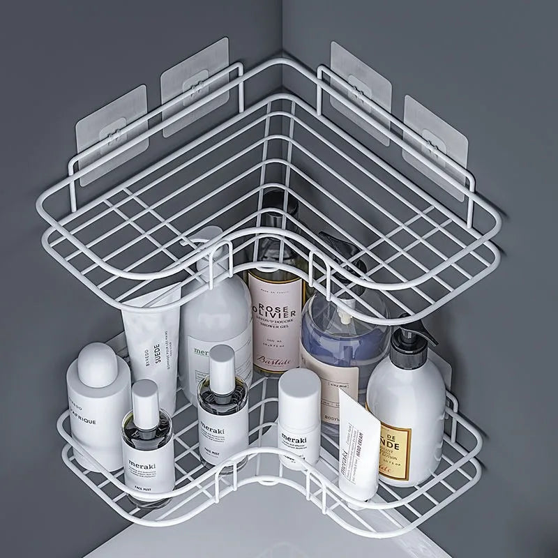 No Drill Wall Mounted Iron Bathroom Shelf Corner Shower Caddy Rustproof Storage Rack for Shampoo Cosmetics Organizer