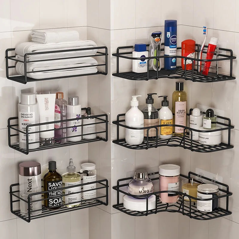 No Drill Wall Mounted Iron Bathroom Shelf Corner Shower Caddy Rustproof Storage Rack for Shampoo Cosmetics Organizer