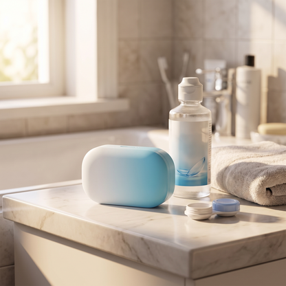 a small contact lens ultrasonic cleaning case on a bathroom counter next to a contact lens solution bottle