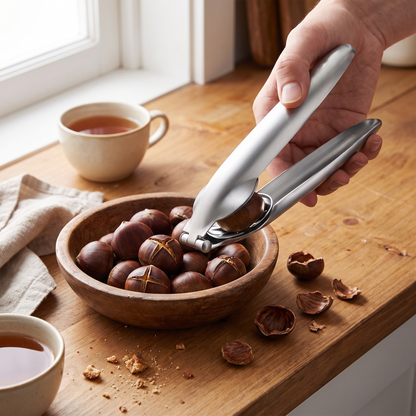 a stainless steel chestnut opener tool held in a hand over a bowl of chestnuts on a warm kitchen counter