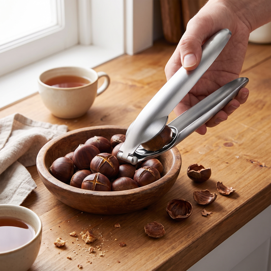 a stainless steel chestnut opener tool held in a hand over a bowl of chestnuts on a warm kitchen counter