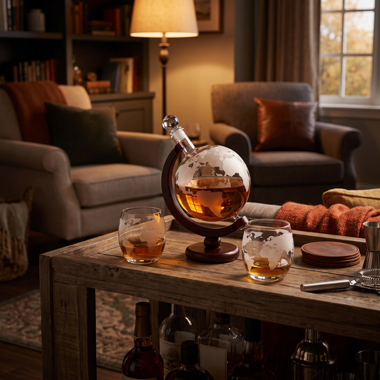 a globe shaped whiskey decanter on a wooden home bar cart with two glasses