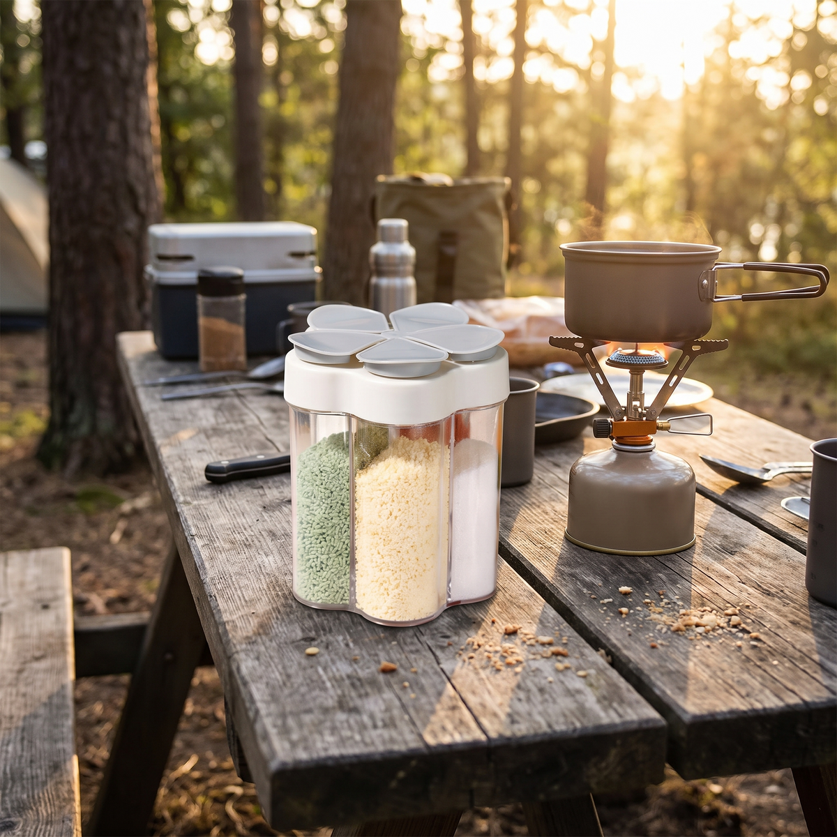 a 5 in 1 spice and seasoning jar set standing on a rustic wooden camping table beside a portable stove