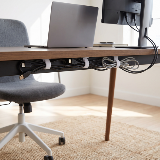 reusable cable tie straps tidying cords under a modern home office desk