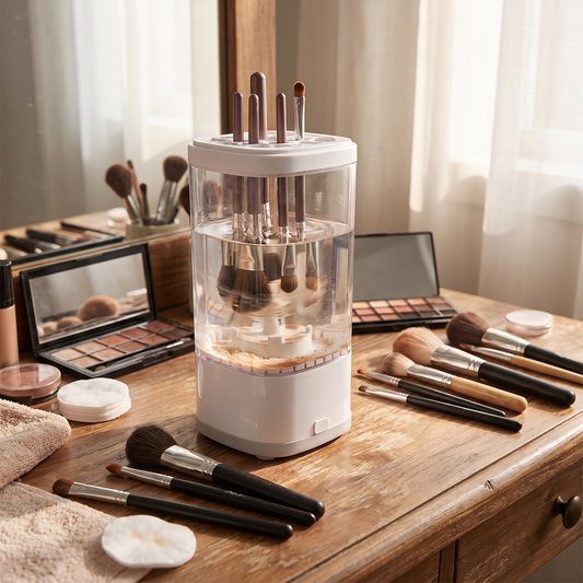 an electric makeup brush cleaner in use on a vanity table surrounded by makeup brushes