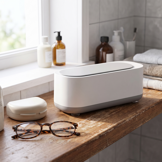 an ultrasonic cleaning machine on a clean bathroom shelf with dentures case and glasses nearby
