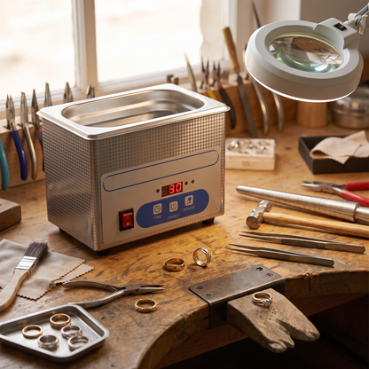 an 800ml ultrasonic cleaner with timer sitting on a jeweler's bench