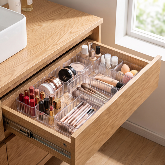 clear plastic drawer organizer trays neatly holding cosmetics inside an open bathroom vanity drawer