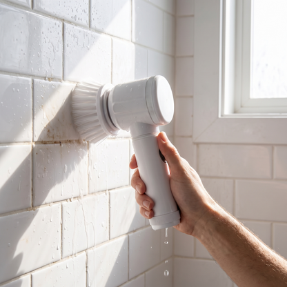 an electric spin scrubber being used on bathroom shower tiles by a hand