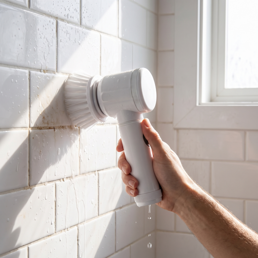 an electric spin scrubber being used on bathroom shower tiles by a hand