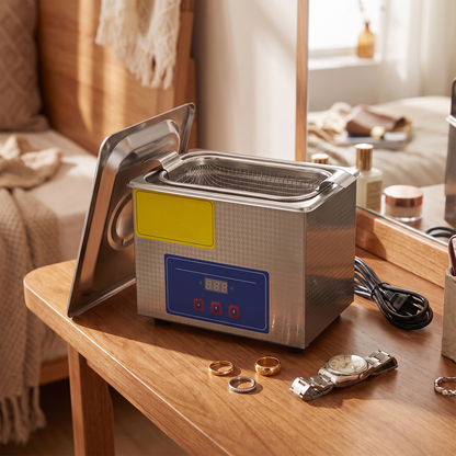 an ultrasonic jewelry cleaner open on a dressing table with rings and a watch resting beside it