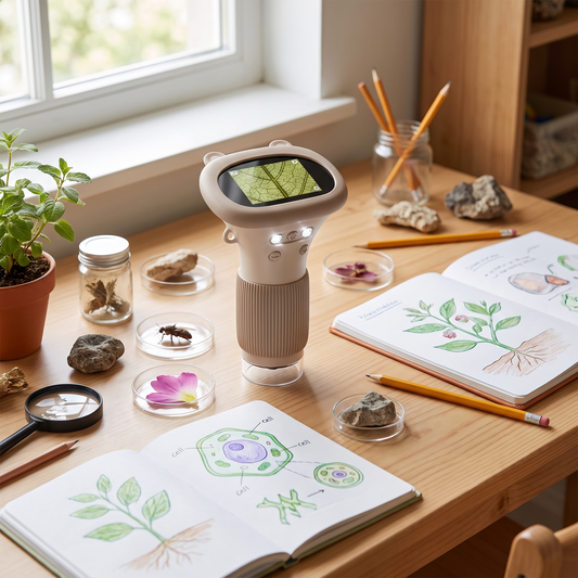 a pocket digital microscope with LED lights on a child's science desk with specimens and notebooks