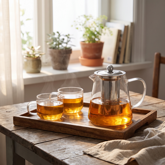 a glass teapot with loose leaf tea brewing on a wooden tray beside two cups