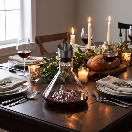 a unique borosilicate glass decanter cup on a dark dining table with soft candlelight