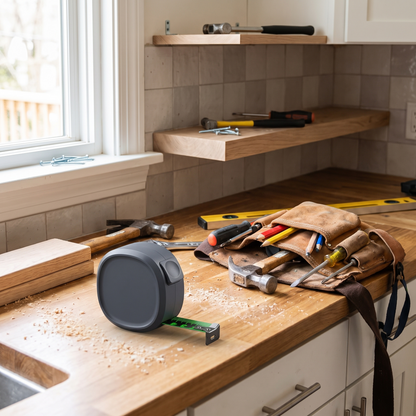 a compact steel tape measure on a kitchen counter next to a tool belt and a shelf being installed