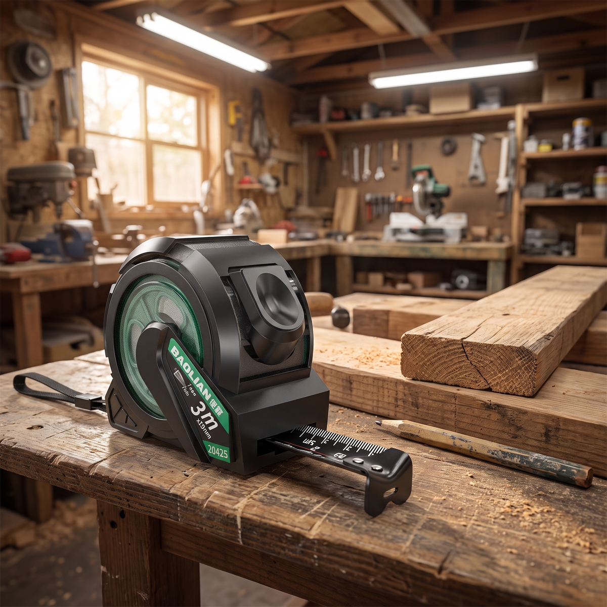 a self locking steel tape measure resting on a workbench beside timber and a pencil