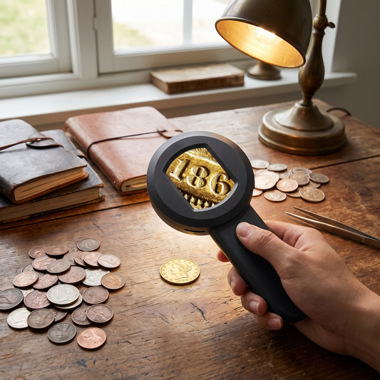 a handheld illuminated jewelers loupe magnifier being used to inspect coins on a desk