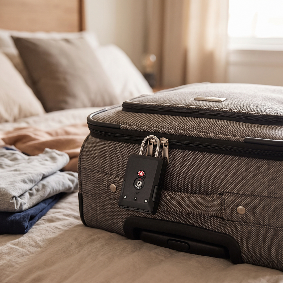 a TSA combination padlock securing the zipper of a packed suitcase on a bed