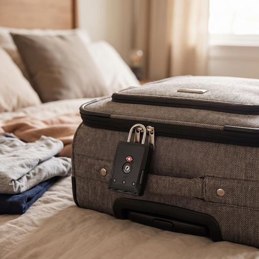 a TSA combination padlock securing the zipper of a packed suitcase on a bed