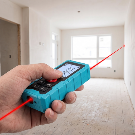 a laser distance meter held in a hand measuring a room during a home renovation