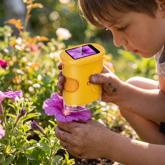 a pocket digital microscope held by a child outdoors in a garden examining a flower