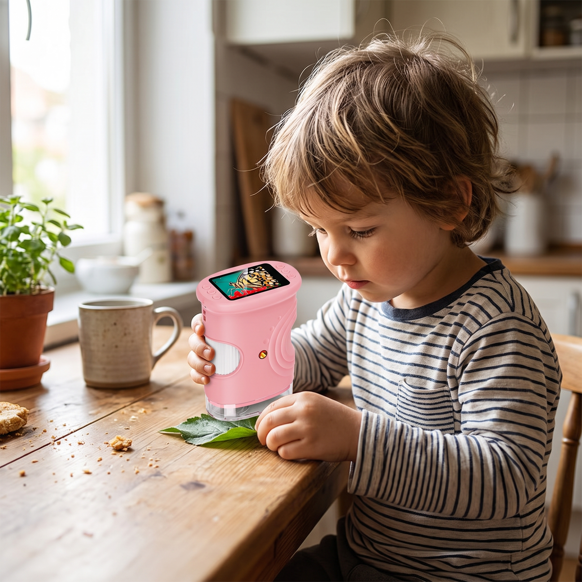 a child holding a small handheld digital microscope at a kitchen table examining a leaf