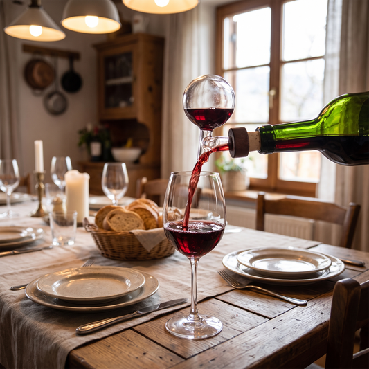 a glass wine aerator pourer in a wine bottle on a dinner table