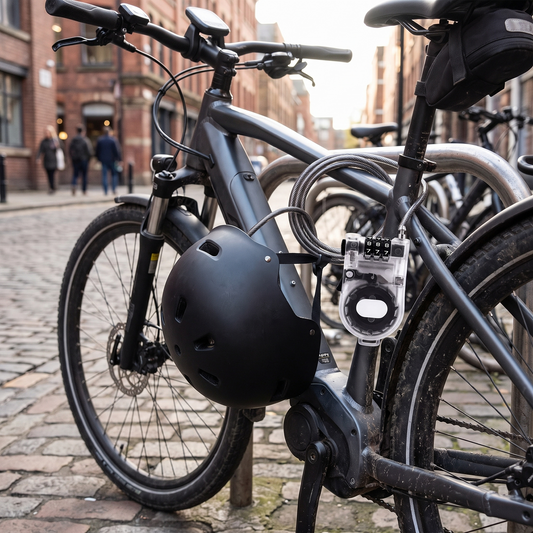 a secure cable lock looped through a helmet on an electric bicycle parked outside